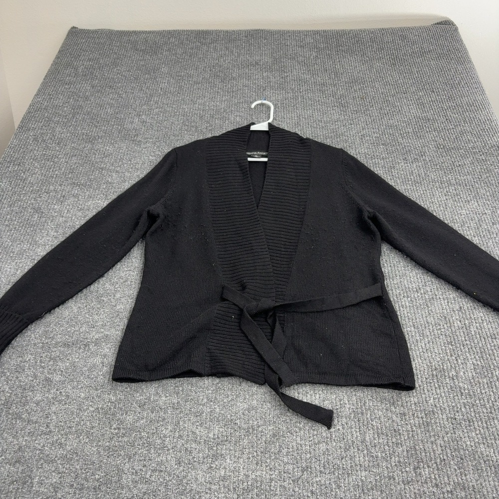 Marina Luna Cardigan Womens M Black Merino Wool Belted Wrap Shawl‎ Collar Cozy